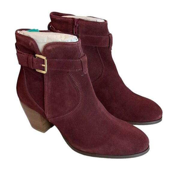 Diba Women's Sleek Bootie Burgundy Suede Buckle Stacked Heel LeatherSize 8.5 NWT - Picture 2 of 8